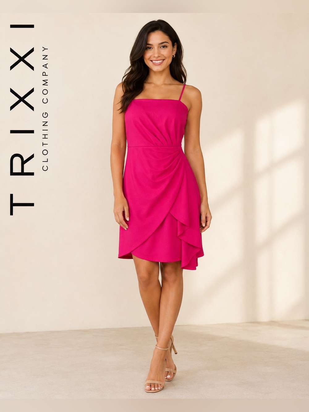 Trixxi Fuchsia Spaghetti-Strap Ruffle Faux-Wrap Mini Dress